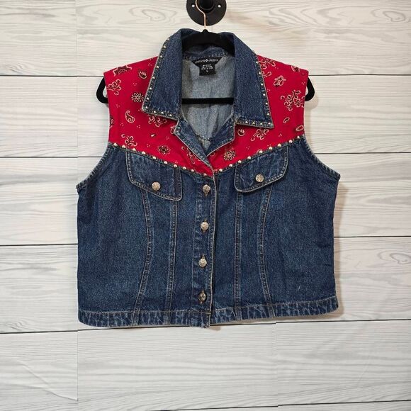 Vintage Jackets & Blazers - Gordon James Vintage Denim Jean Bandana Studded Vest Large Retro Rockabilly